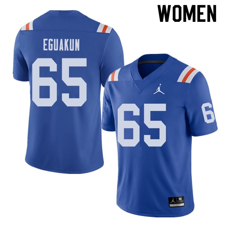 NCAA Florida Gators Kingsley Eguakun Women's #65 Jordan Brand Alternate Royal Throwback Stitched Authentic College Football Jersey AEL0164LM